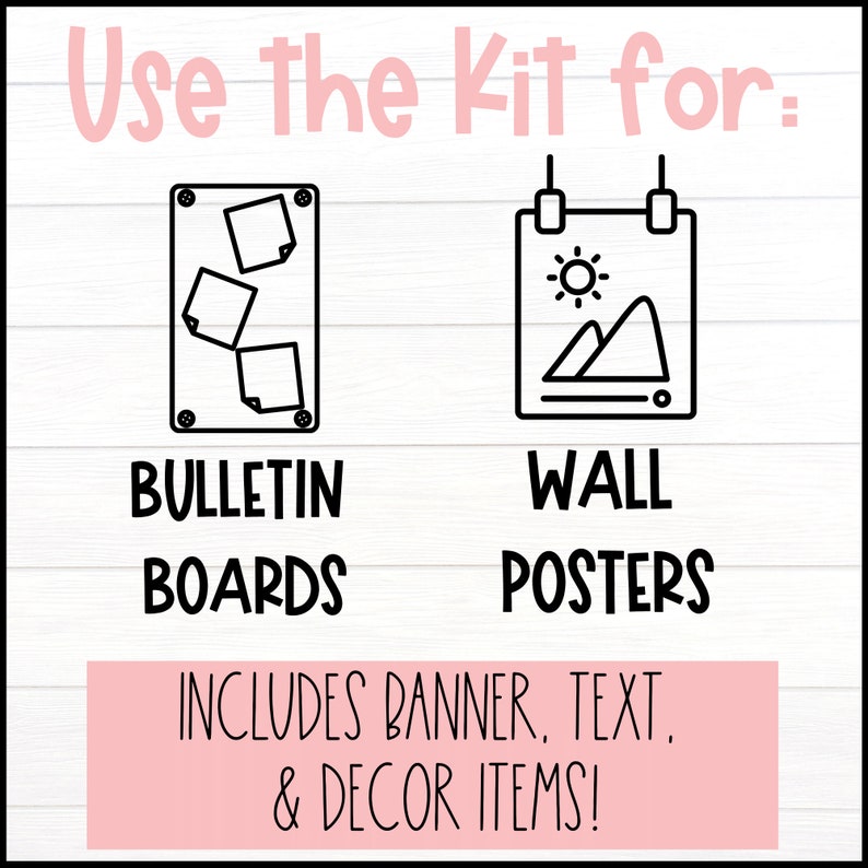 Puede incluir: Una descarga digital de un kit de decoraci&oacute;n de aula imprimible para tableros de anuncios y carteles de pared. El kit incluye una pancarta, texto y elementos decorativos. La imagen muestra una ilustraci&oacute;n en blanco y negro de un tablero de anuncios con notas adhesivas y un cartel de pared con un sol y monta&ntilde;as.