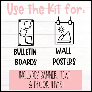 Pode incluir: Gr&aacute;fico rosa e preto com o texto "Use the Kit for:" acima de duas ilustra&ccedil;&otilde;es. Uma mostra um quadro de avisos com pap&eacute;is, a outra um cartaz de parede com um sol e montanhas. O texto abaixo diz "Bulletin Boards" e "Wall Posters".