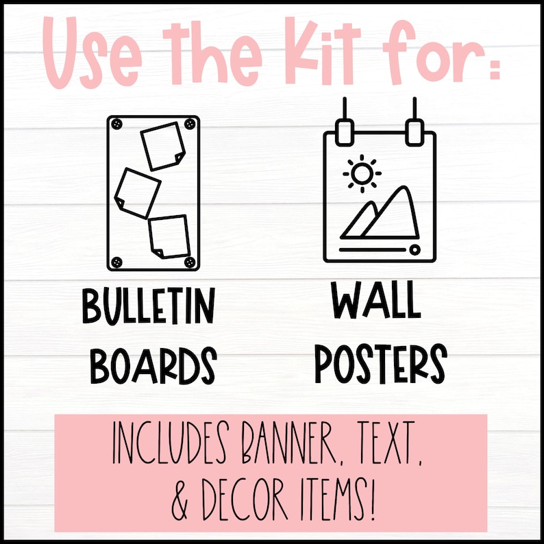 Pode incluir: Gr&aacute;fico rosa e preto com o texto "Use the Kit for:" acima de duas ilustra&ccedil;&otilde;es. Uma mostra um quadro de avisos com pap&eacute;is, a outra um cartaz de parede com um sol e montanhas. O texto abaixo diz "Bulletin Boards" e "Wall Posters".