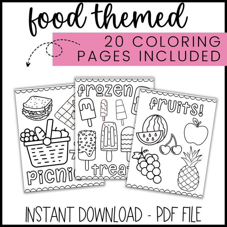 May include: A set of 20 printable coloring pages featuring food-themed illustrations. The pages include images of a picnic basket, frozen treats, and fruits.
