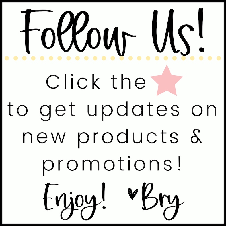 Pode incluir: Fundo branco com texto preto: "Follow Us!" e "Click the to get updates on new products & promotions!". Uma estrela rosa no centro. A palavra "Enjoy!" e uma assinatura na parte inferior.