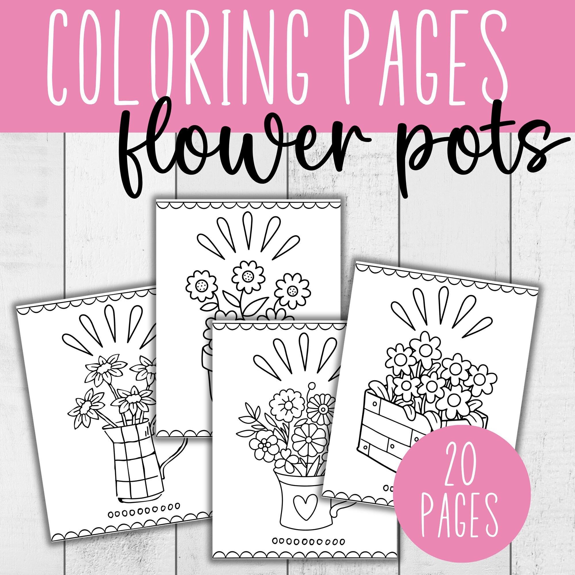 Coloring Pages Kit - Flower Pots | 20 Printable Flower Coloring Pages for Kids | Instant Download | Kids Coloring Pages | Flower Activity