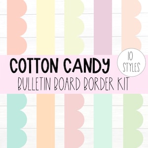 Peut inclure: Un kit de bordure de tableau d'affichage imprimable numérique avec 10 styles différents de bords festonnés dans des couleurs pastel. Le texte "COTTON CANDY BULLETIN BOARD BORDER KIT" est affiché sur un fond rose.