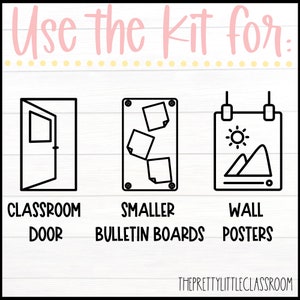 May include: A graphic with the text "Use the kit for:" above three black and white illustrations. The illustrations depict a classroom door, a bulletin board with sticky notes, and a wall poster with a sun and mountain scene.