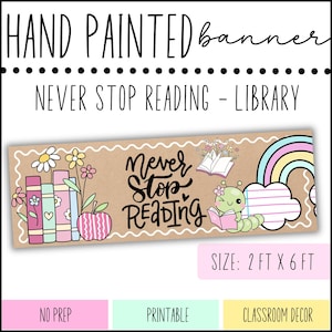 May include: A rectangular banner measuring 2 ft by 6 ft with a kraft paper background. It features the text "NEVER STOP READING" in black script, surrounded by illustrations of colorful books, flowers, an apple, a caterpillar, and a rainbow.