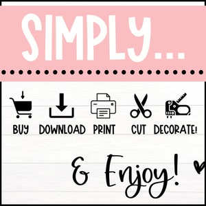 Puede incluir: Un gr&aacute;fico rosa y blanco con el texto "SIMPLY..." seguido de una fila de cinco iconos que representan los pasos para comprar, descargar, imprimir, cortar y decorar un producto digital. El texto "& Enjoy!" est&aacute; debajo de los iconos.