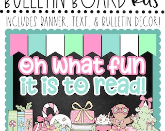 Op de afbeelding: Een prikbordkit met de tekst "BULLETIN BOARD Kits" bovenaan. De afbeelding bevat een banner, tekst en prikborddecoratie. De zin "Oh what fun it is to read!" wordt weergegeven op een schoolbord met feestelijke illustraties.