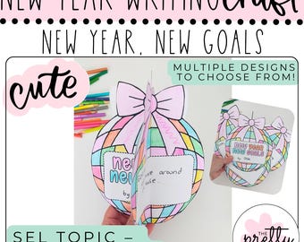 Puede incluir: Una colorida manualidad de escritura de Año Nuevo con el texto "New Year, New Goals". La manualidad presenta un diseño de globo con un lazo rosa y espacio para escribir metas. La imagen también incluye el texto "cute" y "Multiple designs to choose from!"