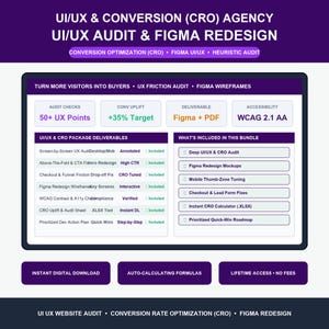 May include: A purple and white digital infographic detailing a UI/UX and conversion rate optimization agency service. It lists audit checks, deliverables like Figma and PDF files, and features including WCAG 2.1 AA accessibility compliance.