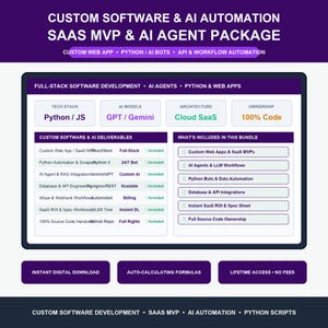 May include: A digital infographic titled Custom Software & AI Automation SaaS MVP & AI Agent Package. It lists technical services including Python, JS, GPT, Gemini, and cloud SaaS architecture, with a breakdown of deliverables and included features.