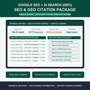 Könnte beinhalten: Eine digitale Infografik mit dem Titel Google SEO + AI Search (GEO) SEO & GEO Citation Package. Sie listet Dienstleistungen auf, darunter ein technisches Audit mit 100 Punkten, JSON-LD-Schema und Optimierungsstrategien für Suchmaschinen.