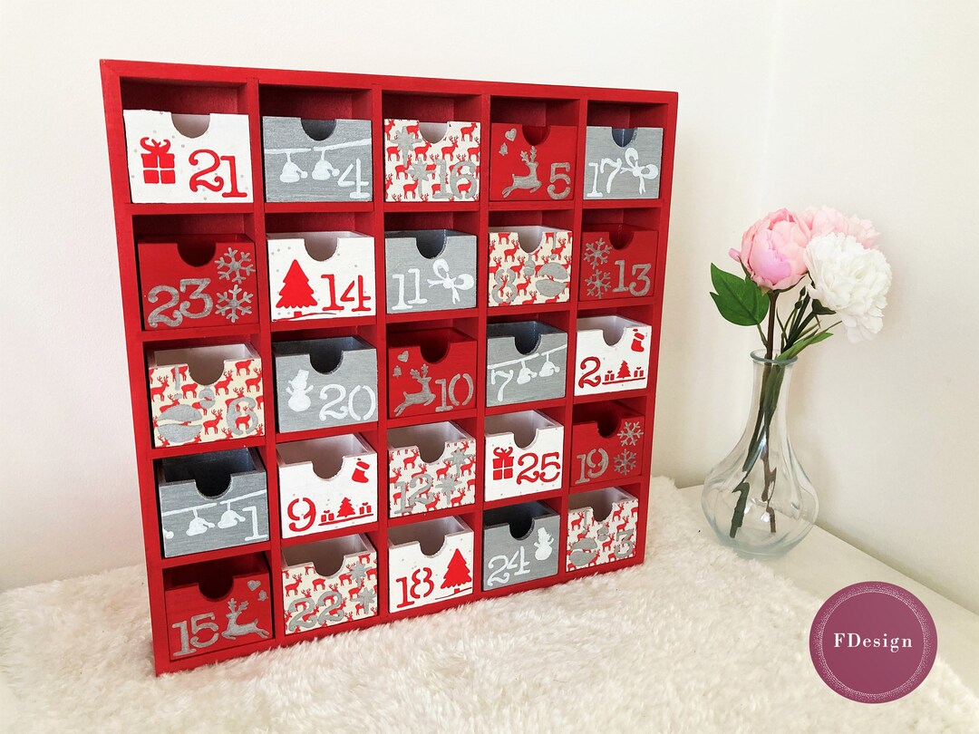 Wooden Advent Calendar Hand-painted 35x35cm Red & Silver to Be Filled 