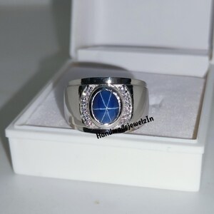Blue Star Sapphire Ring: Sterling Silver Band with Diamond Accents