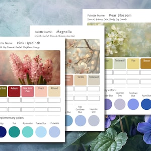 May include: Three color palette cards with floral images and color swatches. The cards are labeled "Pink Hyacinth", "Magnolia", and "Pear Blossom". Each card displays complementary colors and color names like "Olive Drab", "Auburn", and "Indigo".