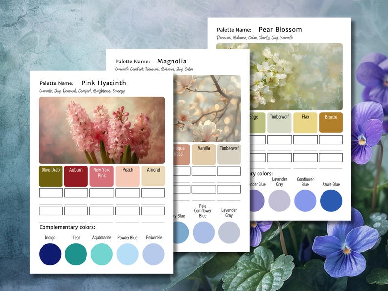 May include: Three color palette cards with floral images and color swatches. The cards are labeled "Pink Hyacinth", "Magnolia", and "Pear Blossom". Each card displays complementary colors and color names like "Olive Drab", "Auburn", and "Indigo".