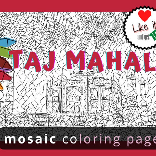 Taj Mahal: Coloring Page for Adult with Reference Pic for Inspiration & Guidance. Mosaic Coloring / Stained Glass Coloring Pages