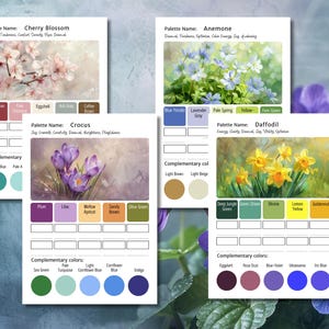 May include: Four color palette cards featuring floral images: Cherry Blossom, Anemone, Crocus, and Daffodil. Each card displays a color palette with complementary colors. The background includes purple flowers and green foliage.