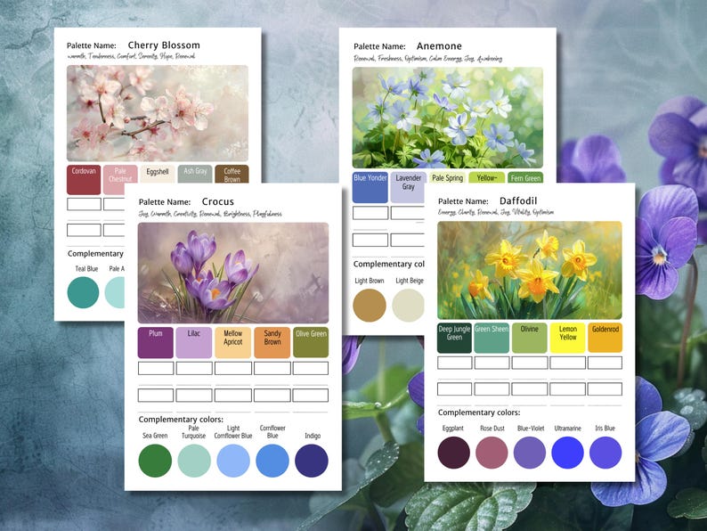 May include: Four color palette cards featuring floral images: Cherry Blossom, Anemone, Crocus, and Daffodil. Each card displays a color palette with complementary colors. The background includes purple flowers and green foliage.