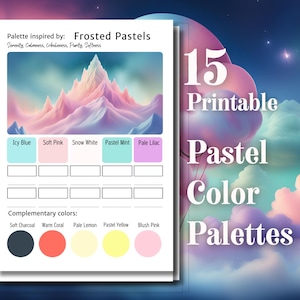 15 paletas de colores pastel de ensueño para proyectos creativos: inspiración de colores imprimible / PDF en A4 y tamaño carta de EE. UU. para libros de colorear para adultos