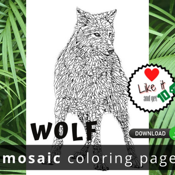 Printable Wolf Coloring Page for Adult. Intricate Pattern: Stained Glass Coloring Pages / Mosaic Colouring Sheets. Instant Download