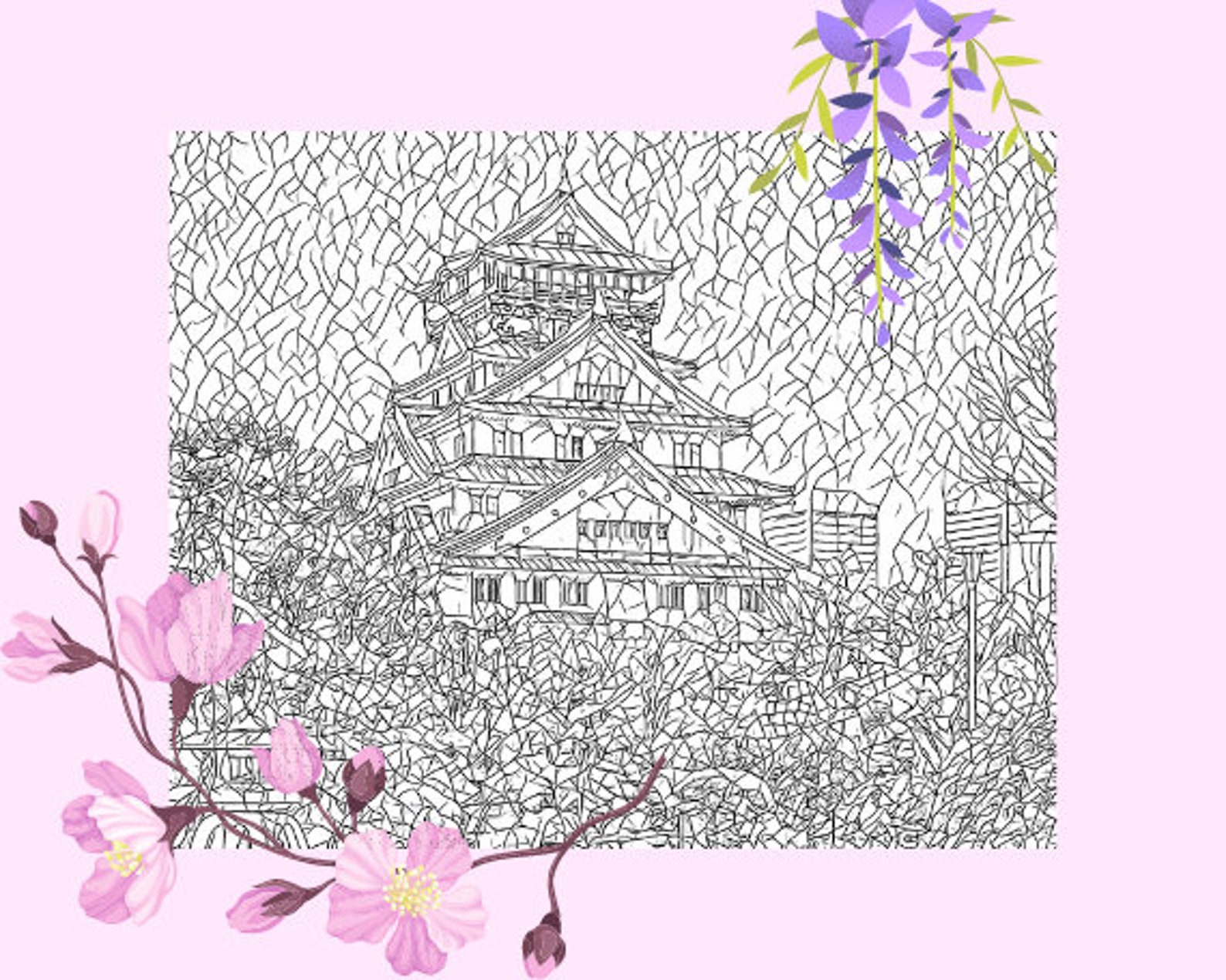 Japanese Architecture Coloring Page for Adult With Reference Etsy