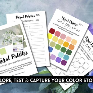 May include: A collection of white paper cards titled "Floral Palettes Vol 2" with color palettes and the text "Explore, Test & Capture Your Color Stories". The cards feature floral imagery and color swatches.