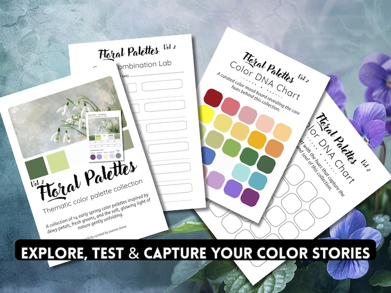 May include: A collection of white paper cards titled "Floral Palettes Vol 2" with color palettes and the text "Explore, Test & Capture Your Color Stories". The cards feature floral imagery and color swatches.