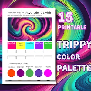 15 paletas de colores psicodélicas para páginas para colorear surrealistas y arte psicodélico: páginas de esquemas de colores imprimibles Inspiración de color / PDF A4, Carta de EE. UU.,