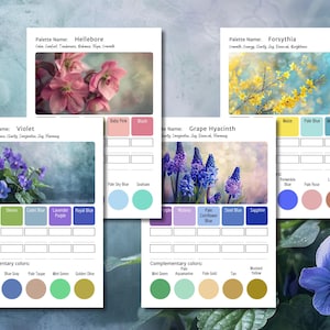 May include: Four color palette cards featuring floral images and color swatches. The cards are labeled "Hellebore", "Forsythia", "Violet", and "Grape Hyacinth". Each card includes complementary color options and a list of associated words.