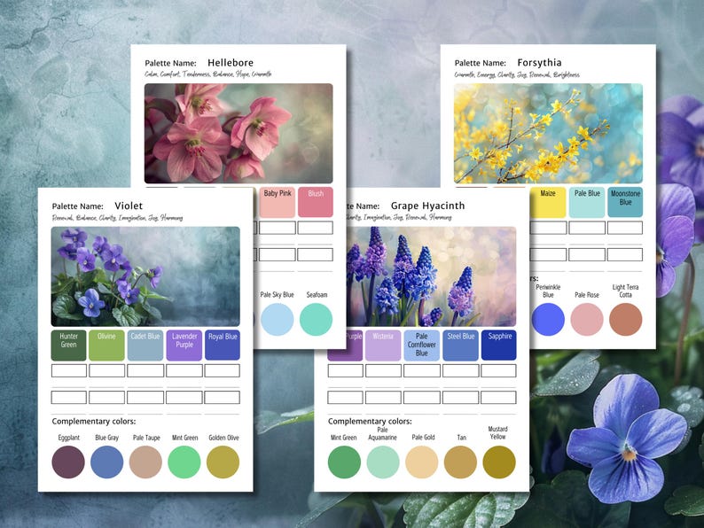 May include: Four color palette cards featuring floral images and color swatches. The cards are labeled "Hellebore", "Forsythia", "Violet", and "Grape Hyacinth". Each card includes complementary color options and a list of associated words.