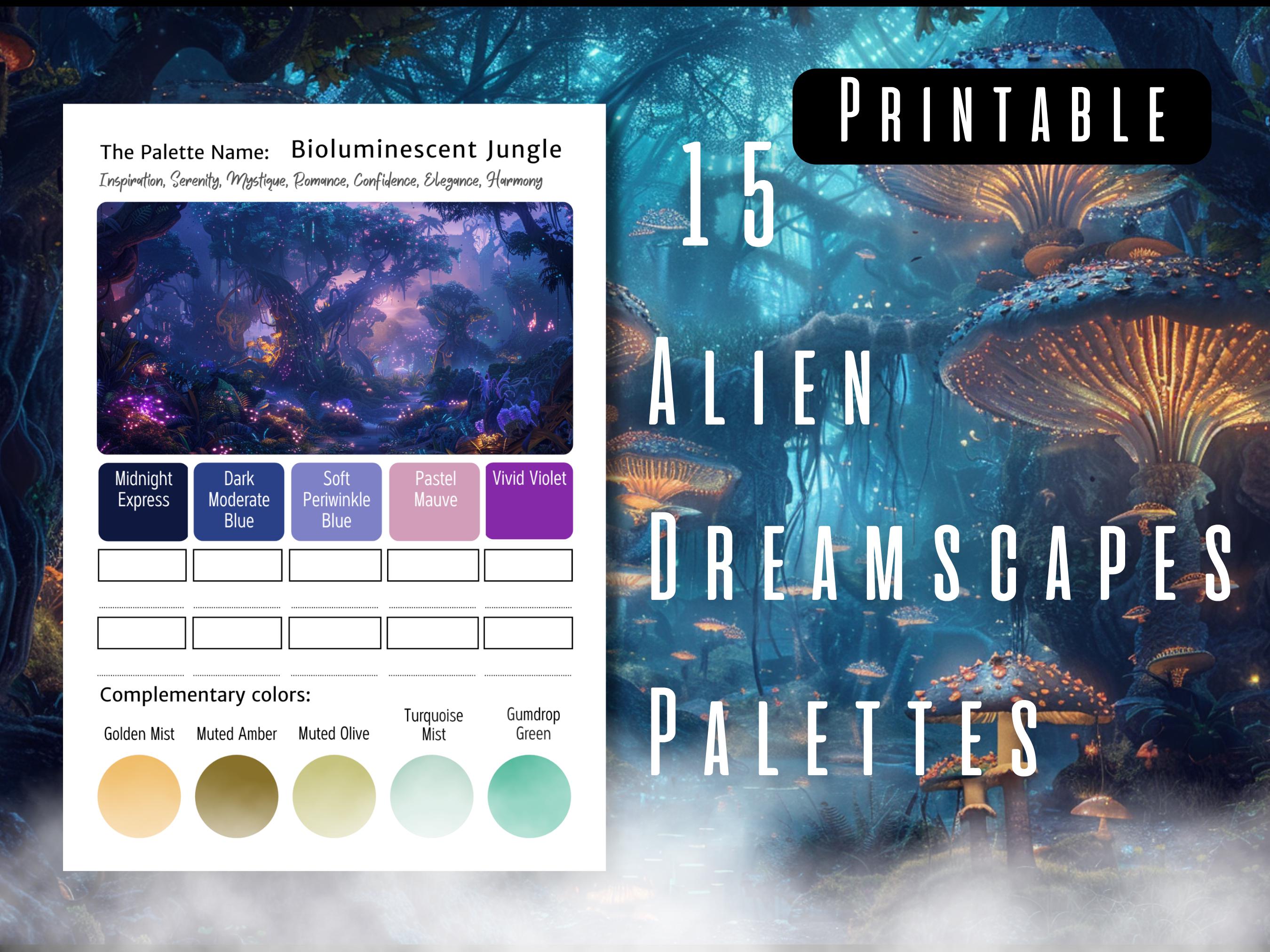 Paletas de colores Alien Dreamscapes – Esquemas de color de ciencia ficción y fantasía imprimibles para libros de colorear, ilustradores, artistas y journalers