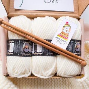 Beginner Knitting Kit Scarf DIY | Wool Yarn  Basic Knit Learn Set | Craft | Starter | Cream | 22 Color | Alize | Needles