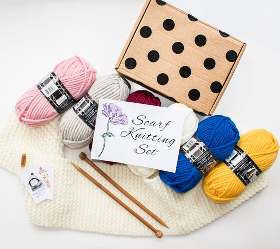 Beginner Knitting Kit Scarf DIY Wool Yarn Basic Knit Learn Set Craft Starter  Cream 22 Color Alize Needles 