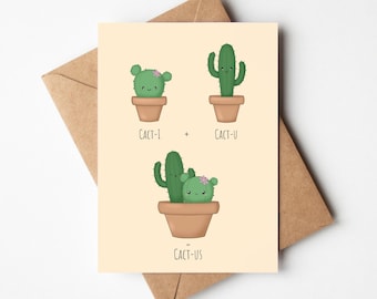 Cactus Funny Anniversary Card, 'Cacti + Cactu = Cactus', Punny Anniversary Card for Him, Kawaii Cactus Card for Her, Cactus Pun Card