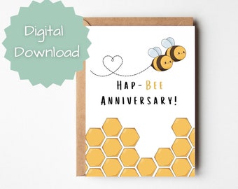 PRINTABLE Hap-Bee Anniversary Card - Cute Bumblebee Anniversary Card - Punny Card for Husband, Wife, Anniversary Card for Boyfriend, Gf