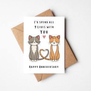 Pasaría mis 9 vidas contigo Tarjeta de feliz aniversario: linda tarjeta de aniversario de gato para esposo, esposa, novia, novio