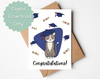 PRINTABLE Congratulations Graduation Card - Cute Cat Graduation Greeting Card -  Digital Download Only