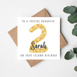 Para uma filha especial no seu segundo aniversário, cartão de menina, nome personalizado, segundo cartão de aniversário para filha, cartão de aniversário de filha