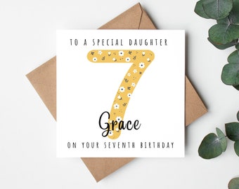 To A Special Daughter On Your 7th Birthday Card Girl, Personalised Custom Name Seventh Birthday Card for Daughter, Daughter Birthday Card
