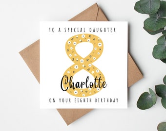 To A Special Daughter On Your 8th Birthday Card Girl, Personalised Custom Name Eighth Birthday Card for Daughter, Daughter Birthday Card