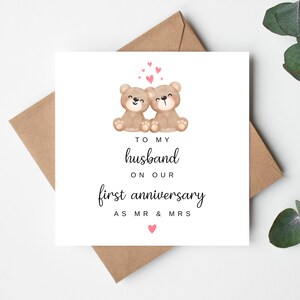 A mio marito per il nostro primo anniversario come marito e moglie, buon anniversario al mio nuovo marito, biglietto personalizzato per il primo anniversario come marito