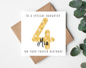 To A Special Daughter On Your 4th Birthday Card Girl, Personalised Custom Name Fourth Birthday Card for Daughter, Daughter Birthday Card