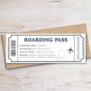 Surprise-instapkaart, gepersonaliseerde instapkaart, aangepast vliegticket, verrassingsreis onthullen, verrassingsticket vakantiecadeau, vliegticket