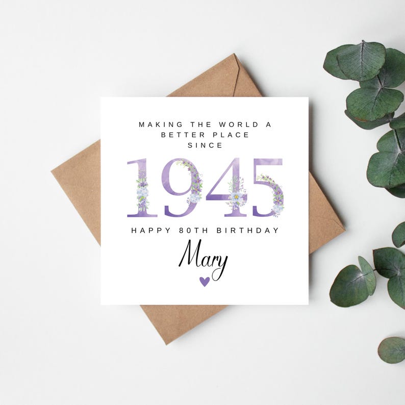 Carte 80e anniversaire personnalisée pour grand-mère, carte 80e anniversaire pour elle, carte 80e anniversaire pour maman, carte 80e femme, 80e tante, carte 1945 image 1