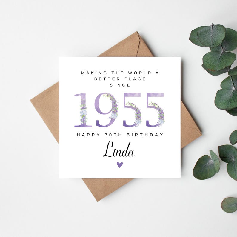 Carte personnalisée du 70e anniversaire pour soeur, carte du 70e anniversaire pour elle, carte du 70e anniversaire pour femme, carte des 70e maman, 70e anniversaire de la soeur, 1955 image 1