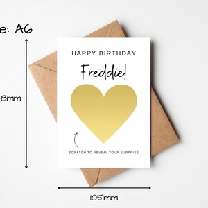Carte à gratter d'anniversaire surprise, carte à message secret, carte à gratter coeur or pour lui, cadeau de vacances surprise, carte devinez quoi image 3