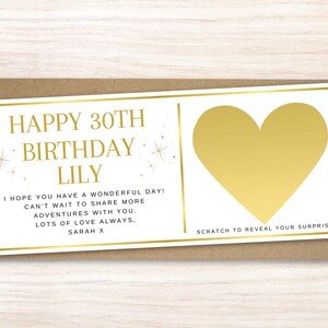 Biglietto gratta e vinci personalizzato per compleanno, biglietto regalo gratta e vinci, biglietto gratta e vinci a forma di cuore dorato per lui o per lei, 30° compleanno, 40°, 50° compleanno