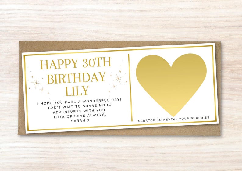 Carte à gratter d'anniversaire personnalisée, carte-cadeau à gratter, carte à gratter coeur or pour lui, 30e anniversaire, 40e, 50e anniversaire image 1