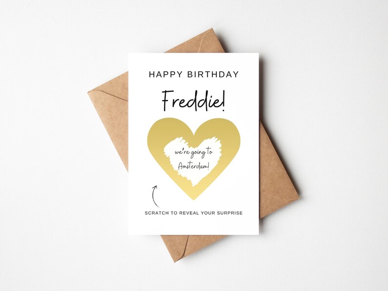 Carte à gratter d'anniversaire surprise, carte à message secret, carte à gratter coeur or pour lui, cadeau de vacances surprise, carte devinez quoi image 1