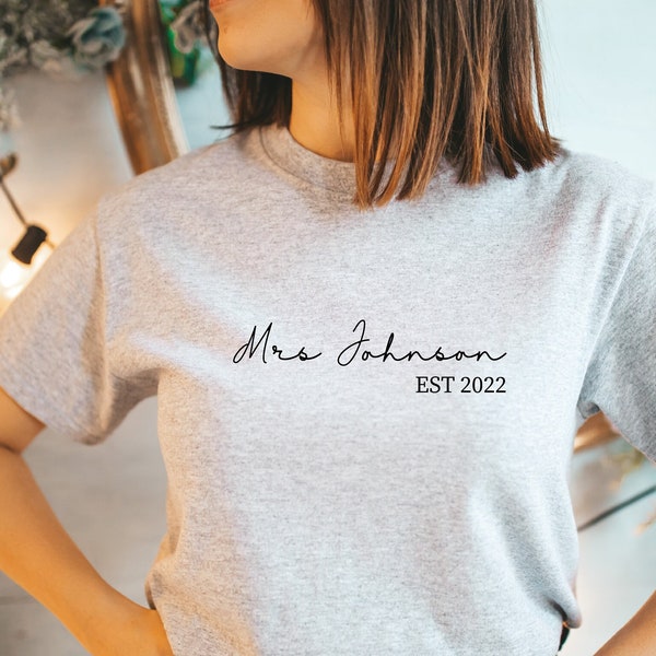 Personalised Mrs T-shirt, Cute Wife Shirt, Honeymoon Bride Shirt, Bridal Party Shirt, Newlywed Shirt, Just Married Shirt, Custom Wifey Shirt